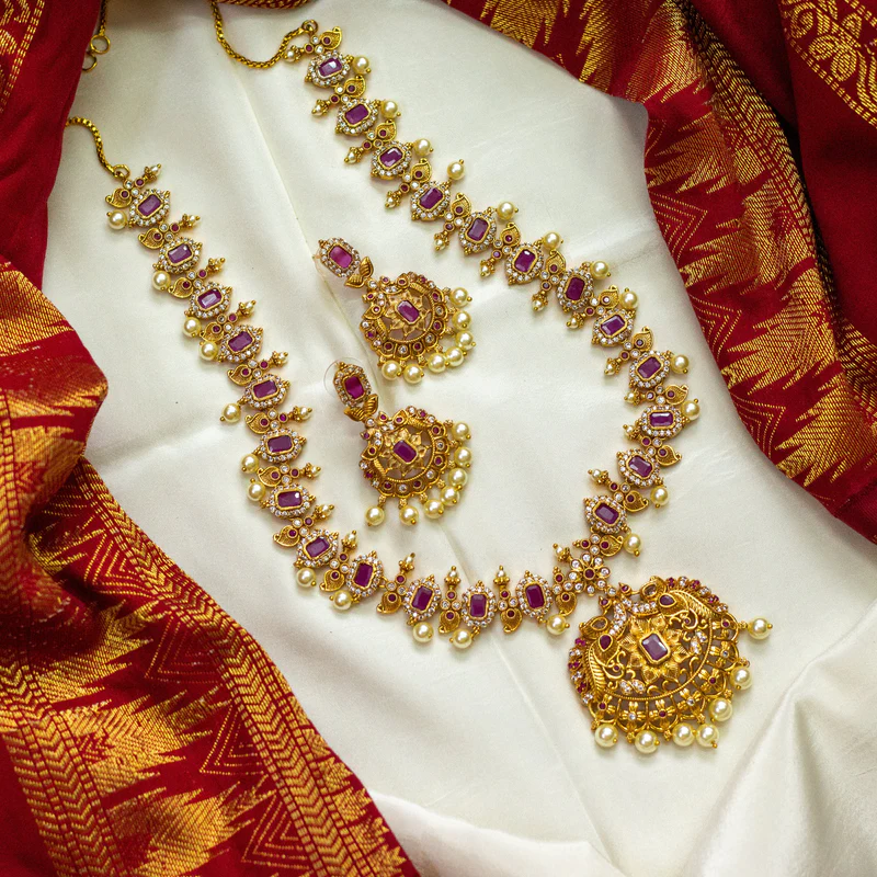 Matte Finish AD Rettapakshi Haram set - Ruby